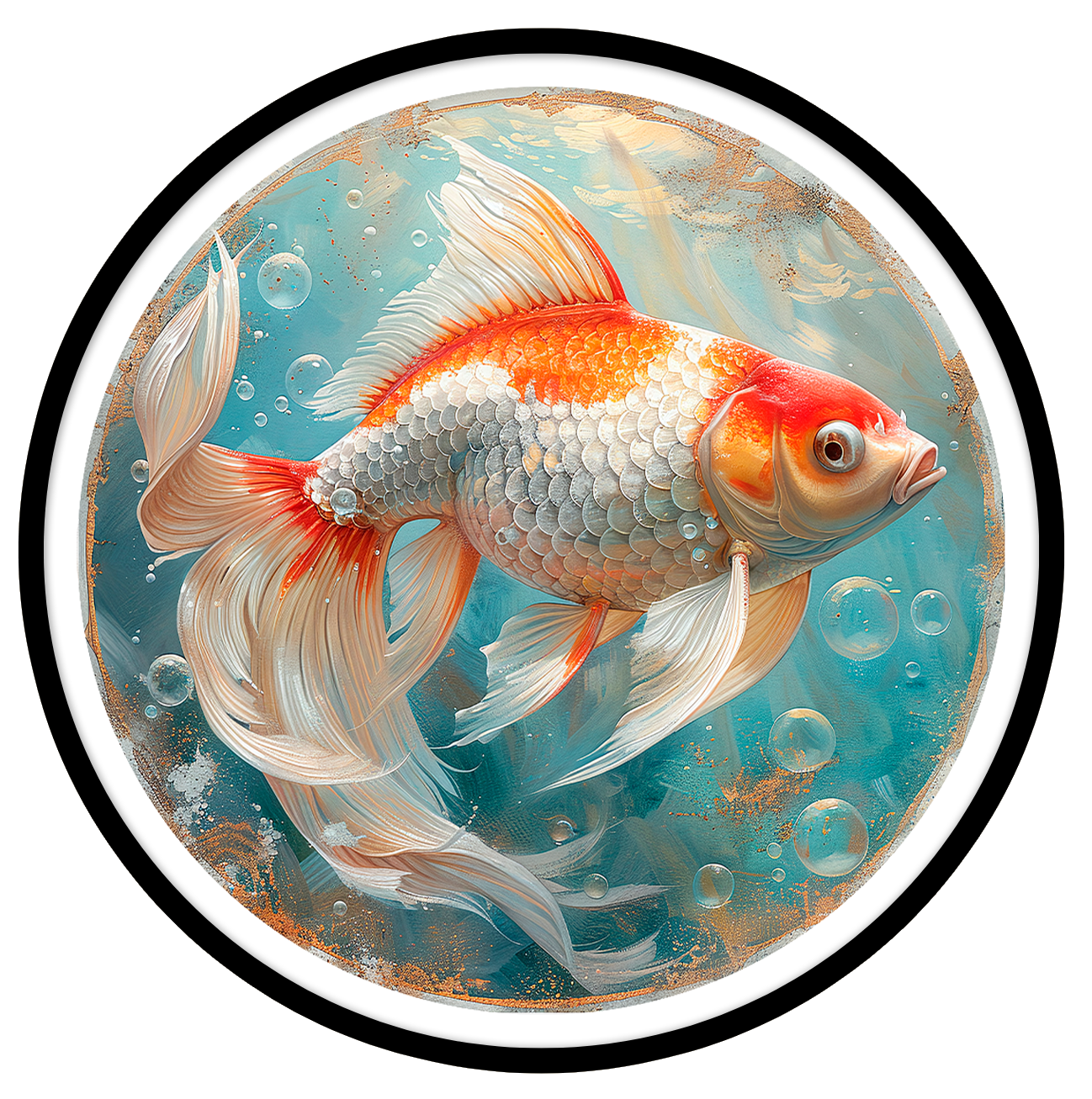 Golden Fish framed in 12in round wooden frame by Gonz.Art