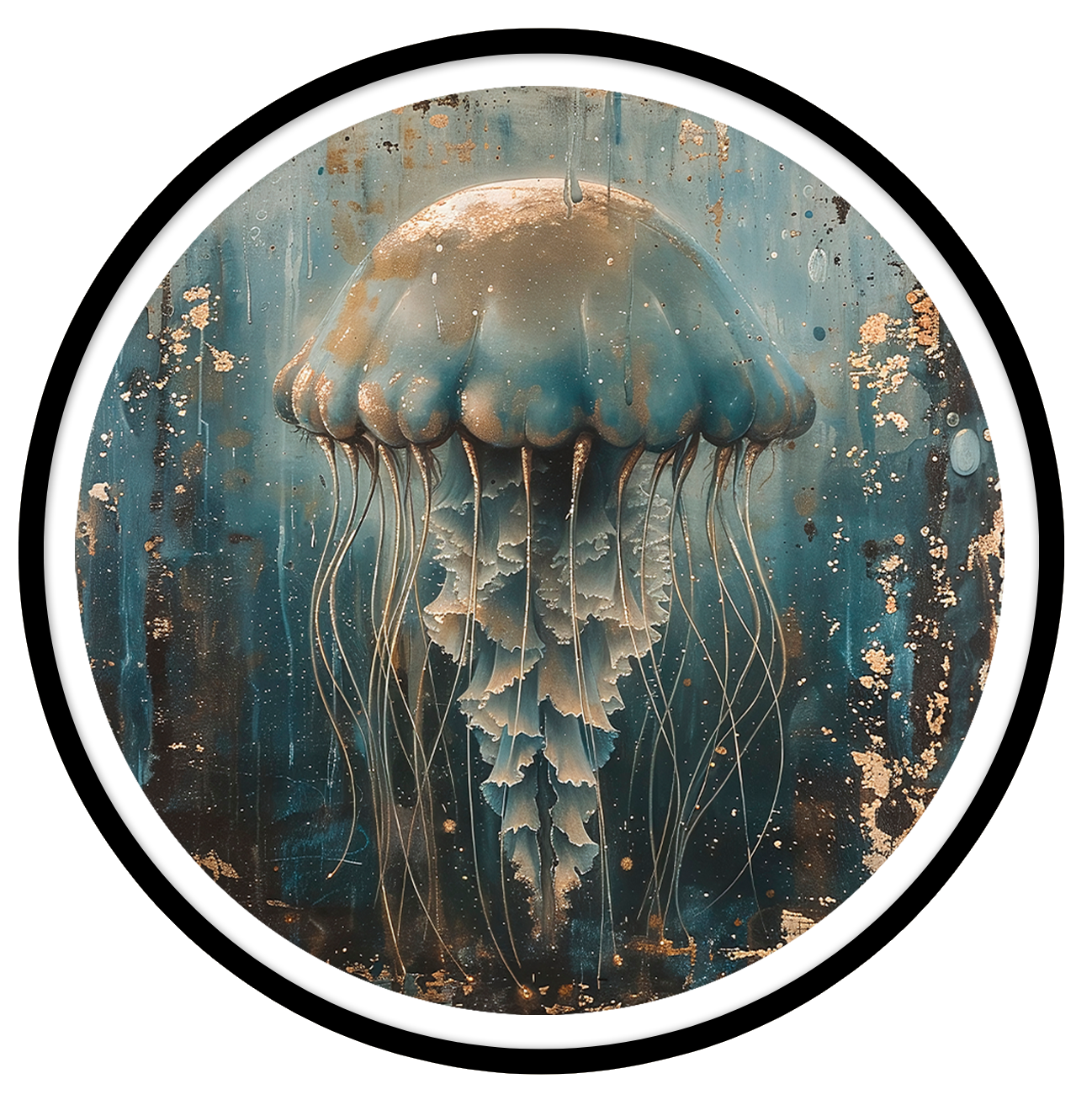 Jellyfish framed in 12in round wooden frame by Gonz.Art