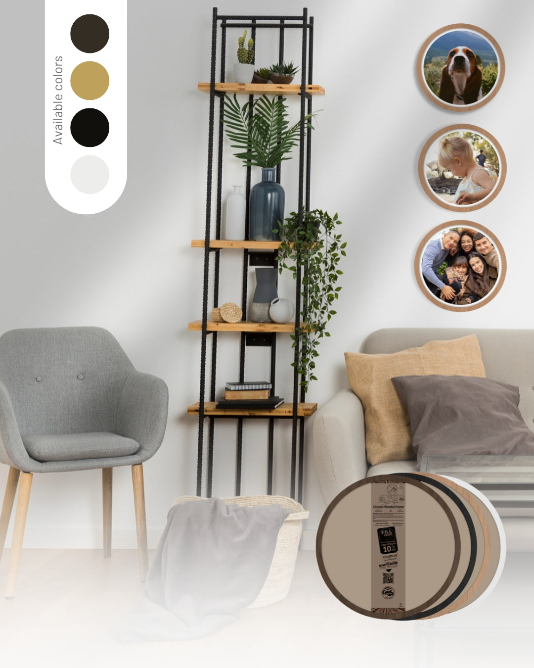 a living room with a couch, chair and shelves