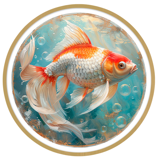 Golden Fish framed in 12in round wooden frame by Gonz.Art