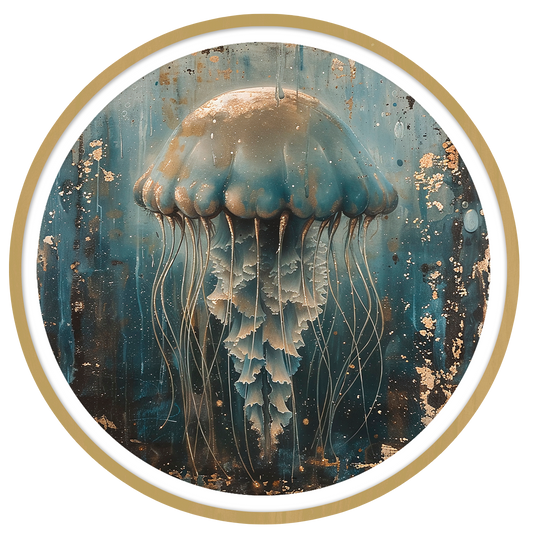 Jellyfish framed in 12in round wooden frame by Gonz.Art