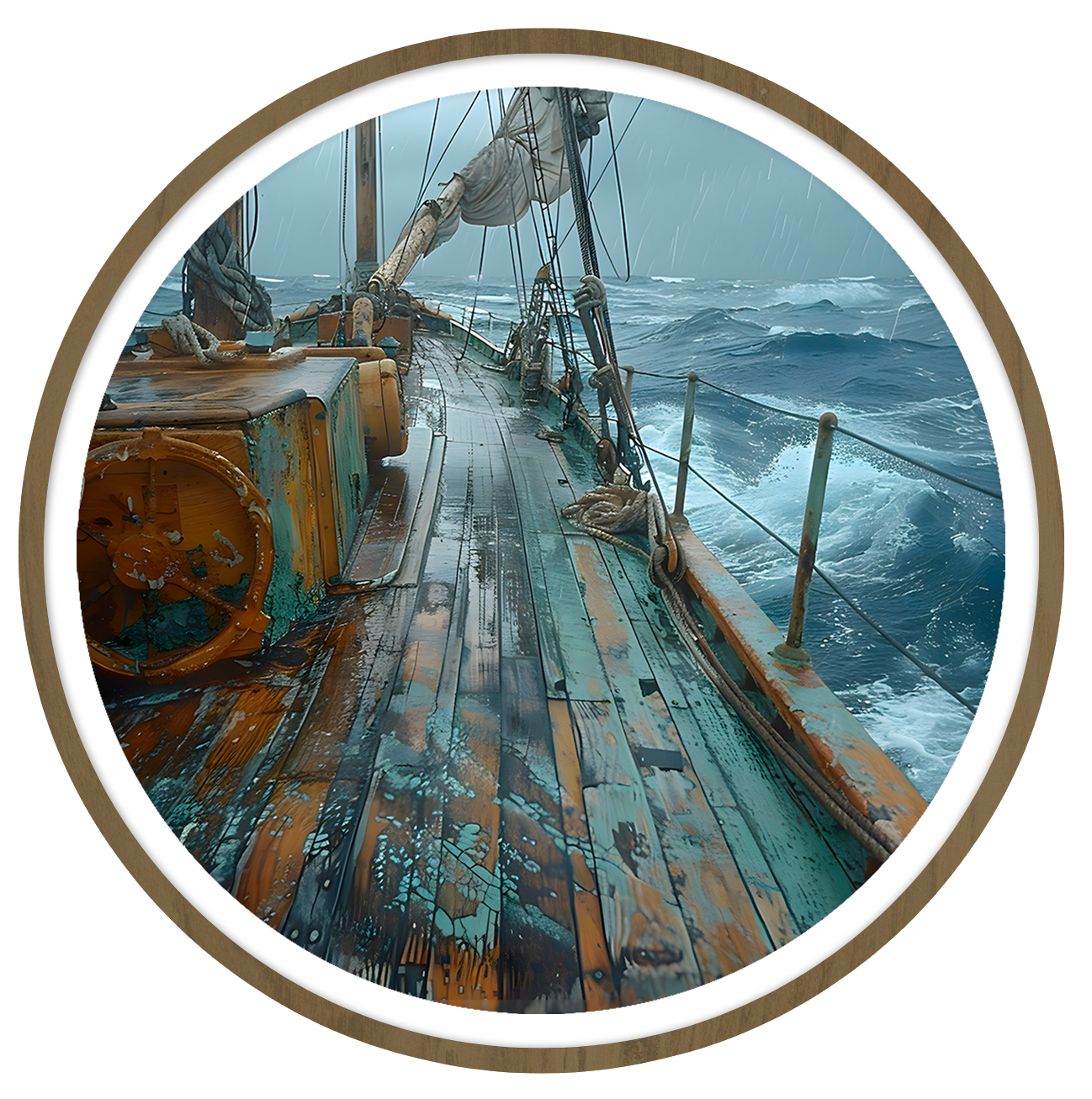 Stormy voyage framed in 12in round wooden frame by Gonz.Art