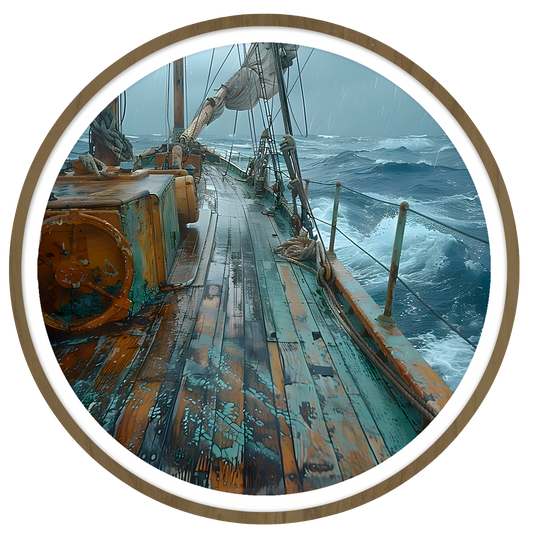 Stormy voyage framed in 12in round wooden frame by Gonz.Art