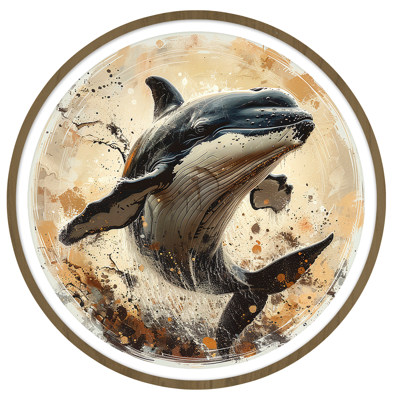 Whale framed in round wooden frame by Gonz.Art